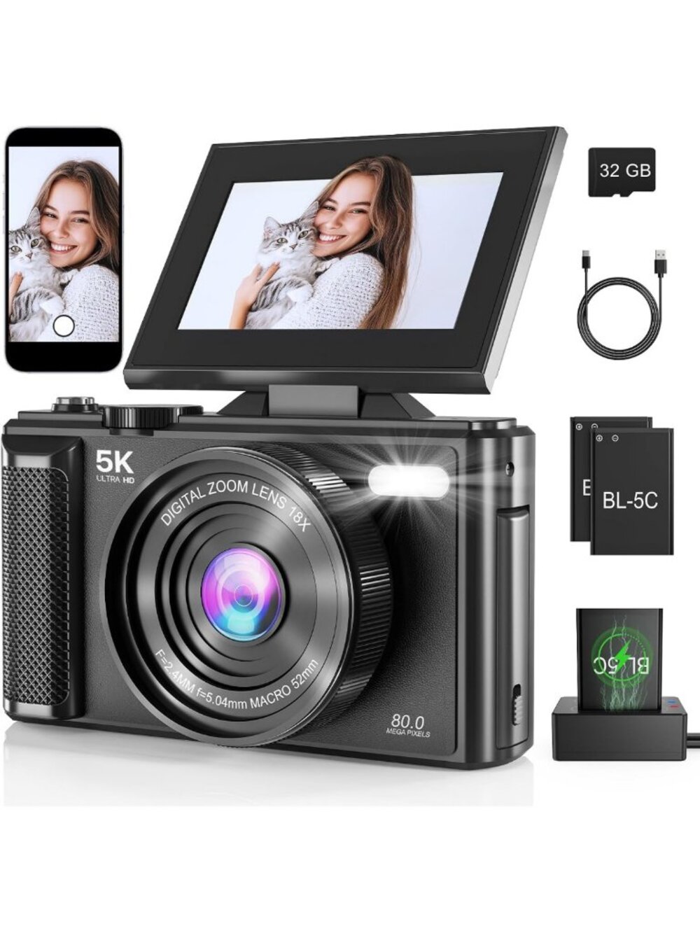 80MP Compact Vlogging Camera with WiFi, Autofocus, 180° Flip Screen & 18X Zoom